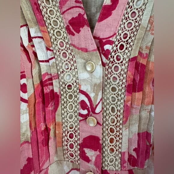 NWT JM Collection Tan & Pink 100% Linen Floral V-Neck Blouse Top Shirt Size 20W - Picture 2 of 6